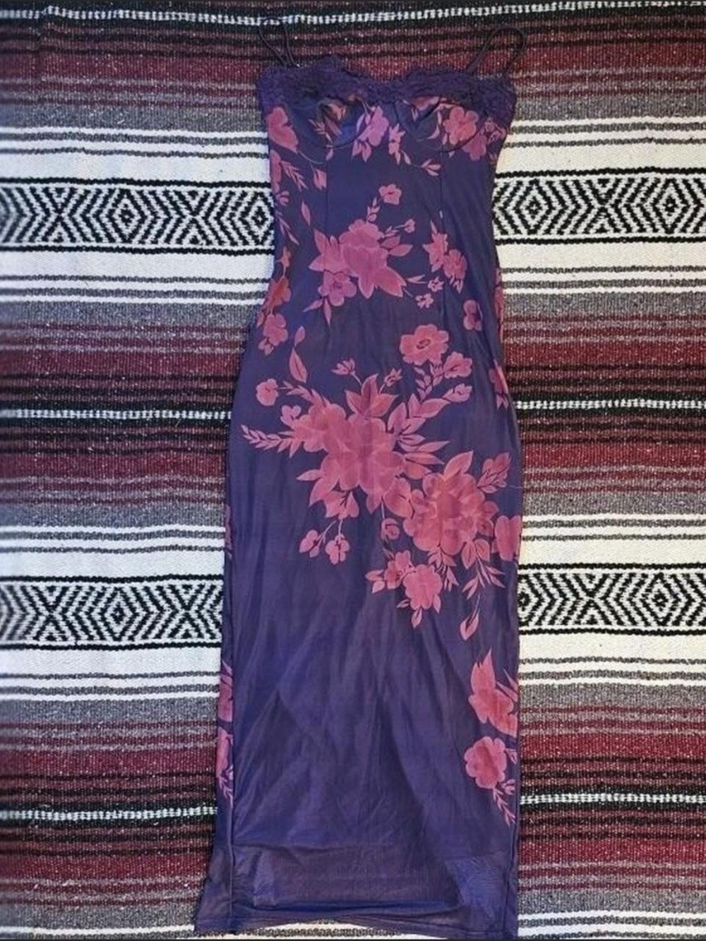 Purple Midi Slip Dress with Pink Floral Motif